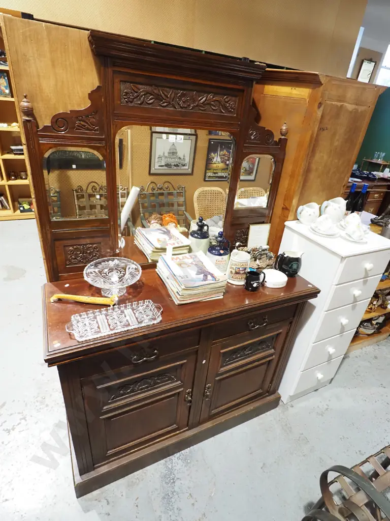 Edwardian mahogany mirror-back sideboard with carved panels in top w/ 3 arched beveled edge mirrors, 2 panelled doors Image 1++
