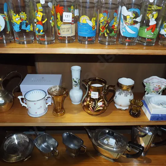 shelf; jugs, vases, glassware etc