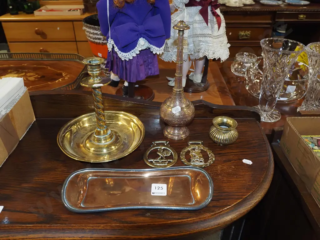 copper tray, horse brasses, candlestick etc Image 1++