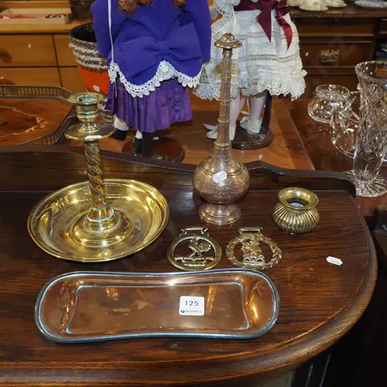 copper tray, horse brasses, candlestick etc