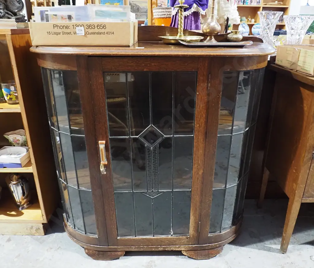 oak bow front leadlight china cabinet - varnish needs attention H930 W930 D330 Image 1++