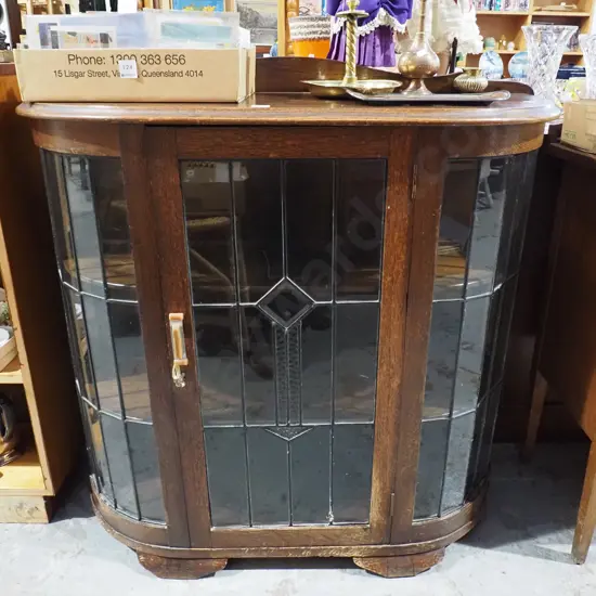 oak bow front leadlight china cabinet - varnish needs attention H930 W930 D330