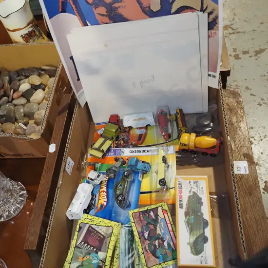 box; collector cards, model vehicles, posters
