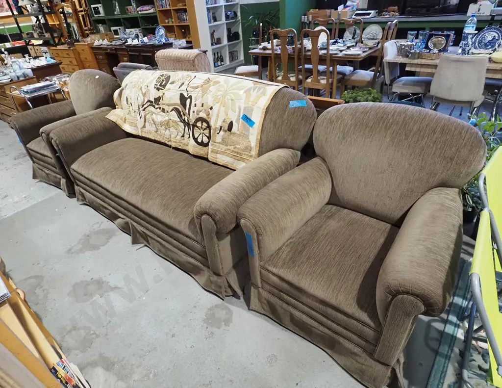 brown upholstered 3 piece lounge suite - 3 seater, 2x singles Image 1++