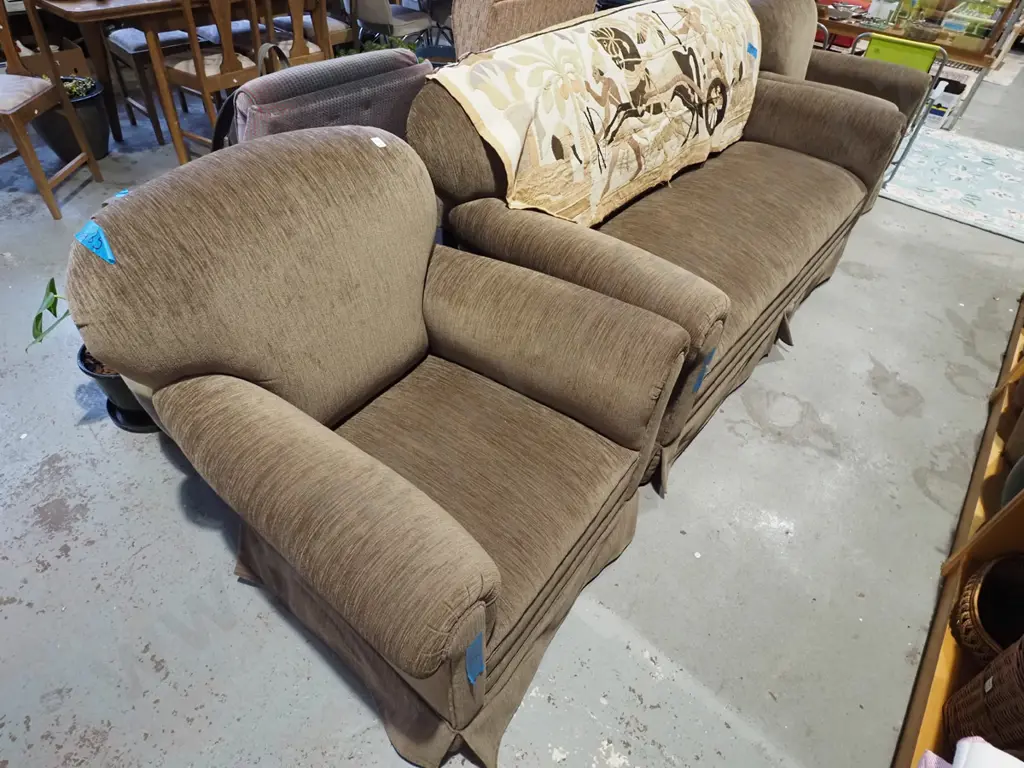 brown upholstered 3 piece lounge suite - 3 seater, 2x singles Image 1++
