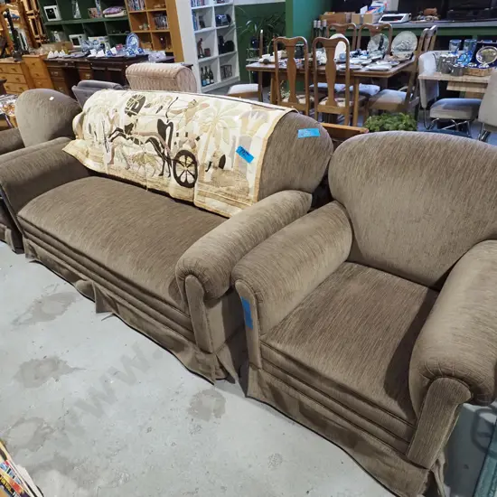 brown upholstered 3 piece lounge suite - 3 seater, 2x singles