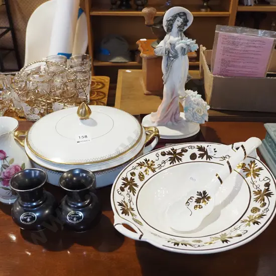 lidded vege, serving bowl and spoon, vases etc