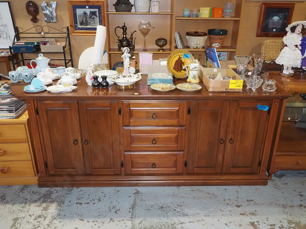 Indonesian hardwood sideboard with 4 doors, 3 drawers, metal drop handles H800 W1945 D530 Image 1++