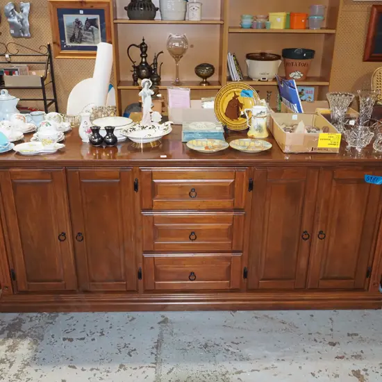 Indonesian hardwood sideboard with 4 doors, 3 drawers, metal drop handles H800 W1945 D530