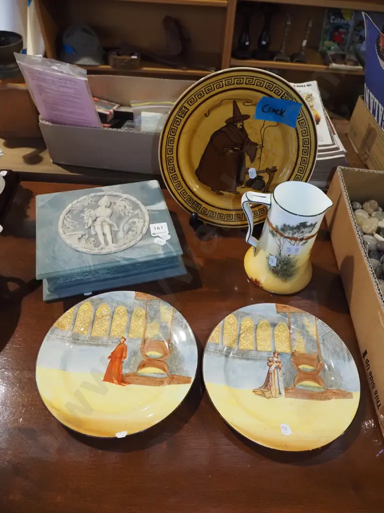 Marlestone trinket box, Doulton jugs, 2x plates  - witches plate has slight crack etc Image 1++