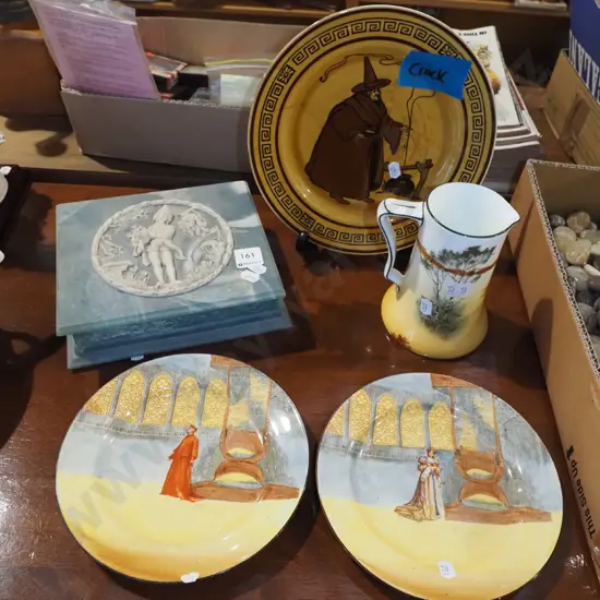 Marlestone trinket box, Doulton jugs, 2x plates  - witches plate has slight crack etc