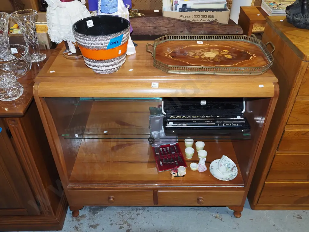 mid century mahogany china cabinet with 2 drawers and 2 sliding doors H860 W935 D400 Image 1++