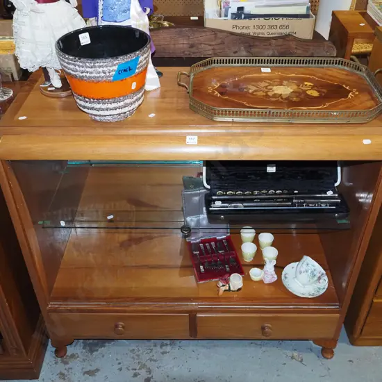 mid century mahogany china cabinet with 2 drawers and 2 sliding doors H860 W935 D400