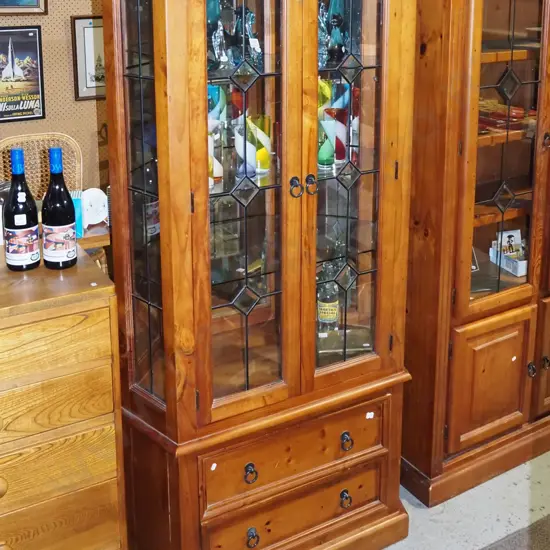 Outback Furniture corner display cabinet with 2 drawers, 2 leadlight doors and side panels H1805 W900 D500