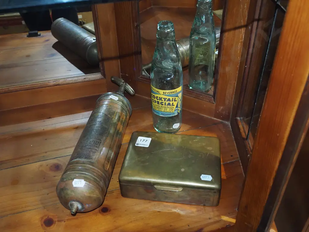 vintage fire extinguisher, lidded brass box, Marlborough and Co marble bottle Image 1++