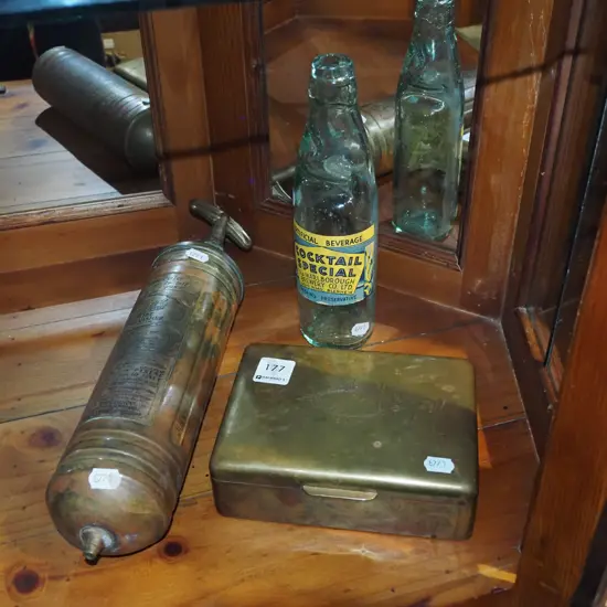 vintage fire extinguisher, lidded brass box, Marlborough and Co marble bottle