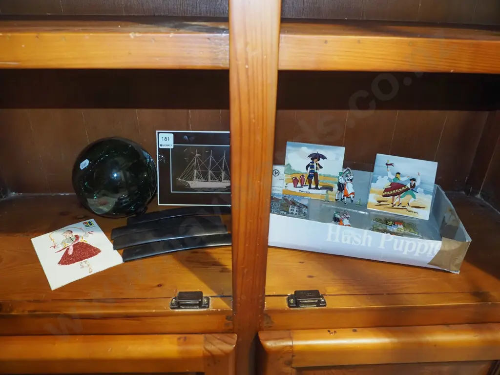 shelf; glass ball, souvenir prints on glass, tiles, ebonised wood  Image 1++