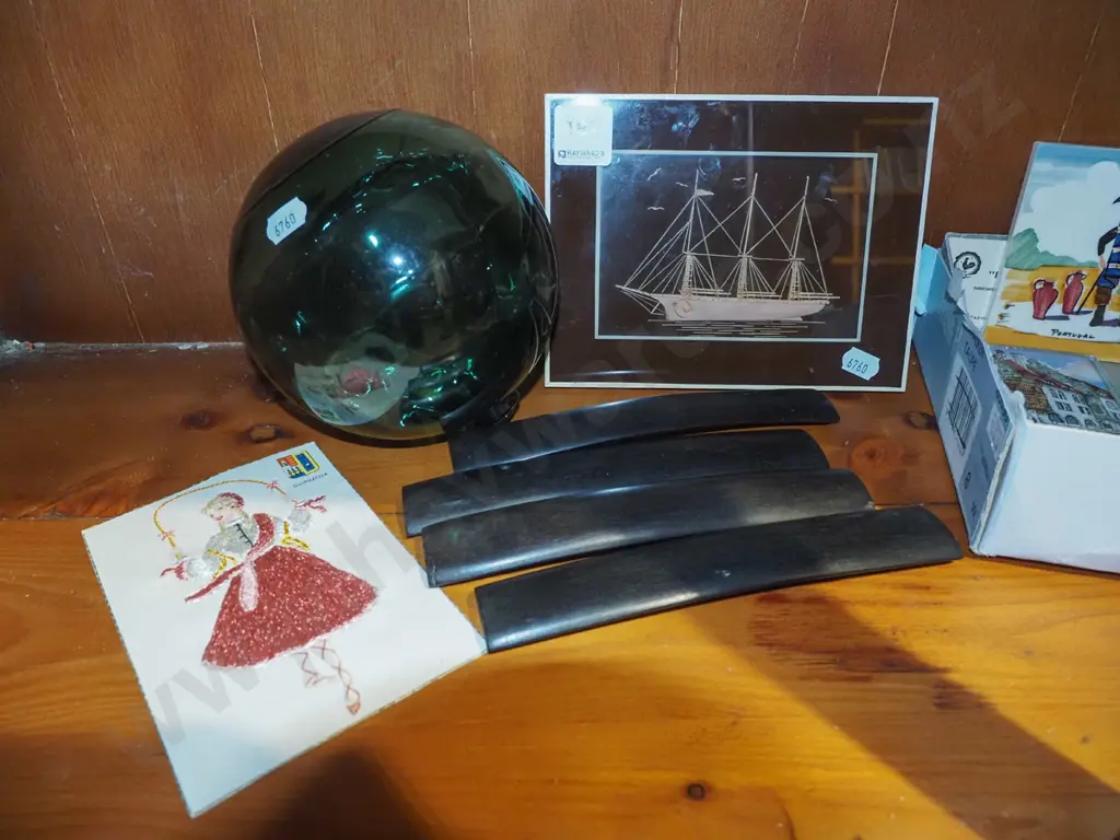 shelf; glass ball, souvenir prints on glass, tiles, ebonised wood  Image 1++