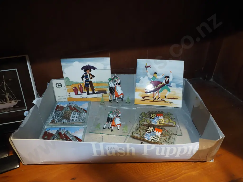 shelf; glass ball, souvenir prints on glass, tiles, ebonised wood  Image 1++
