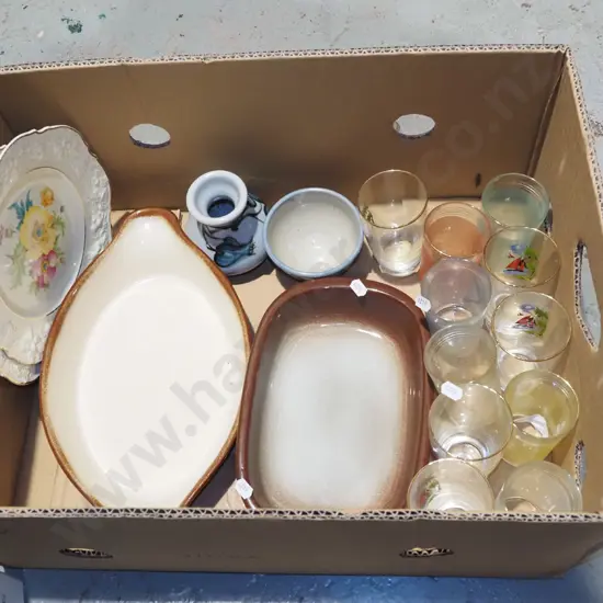 box; retro tumblers, floral plates, Temuka baking dish etc