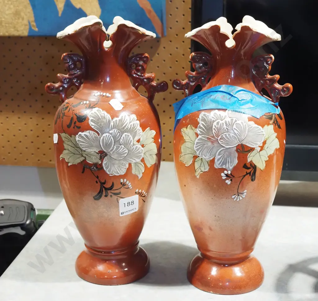2x Victorian hand painted vases - 1 has repair H330 Image 1++