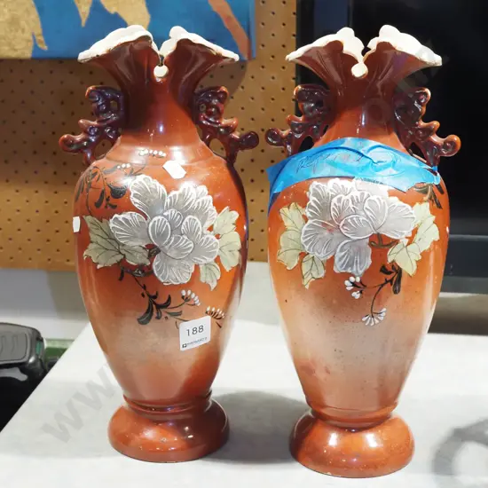 2x Victorian hand painted vases - 1 has repair H330
