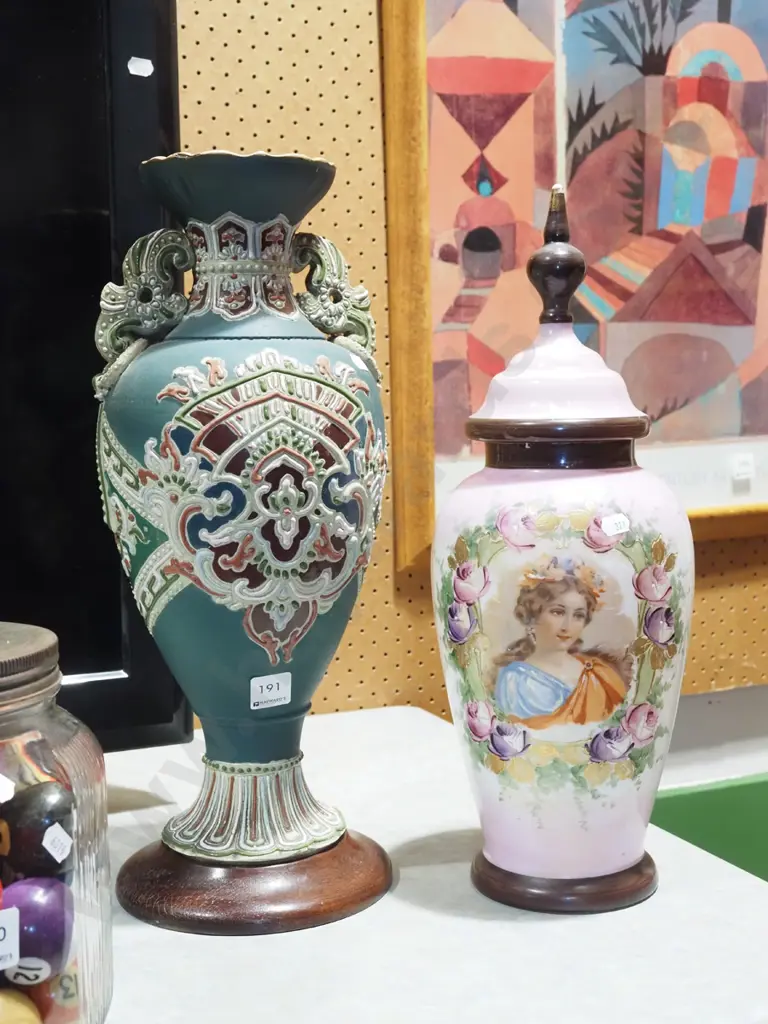 hand painted glass lidded vase, 1 other decorative double handled vase - chip to rim Image 1++