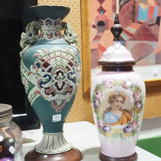 hand painted glass lidded vase, 1 other decorative double handled vase - chip to rim