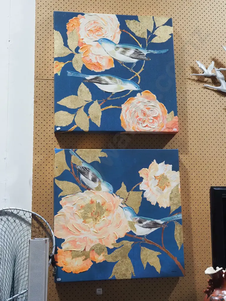2x Kathrine White mixed media on boxed canvas - birds and flowers Image 1++