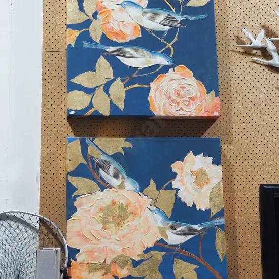 2x Kathrine White mixed media on boxed canvas - birds and flowers