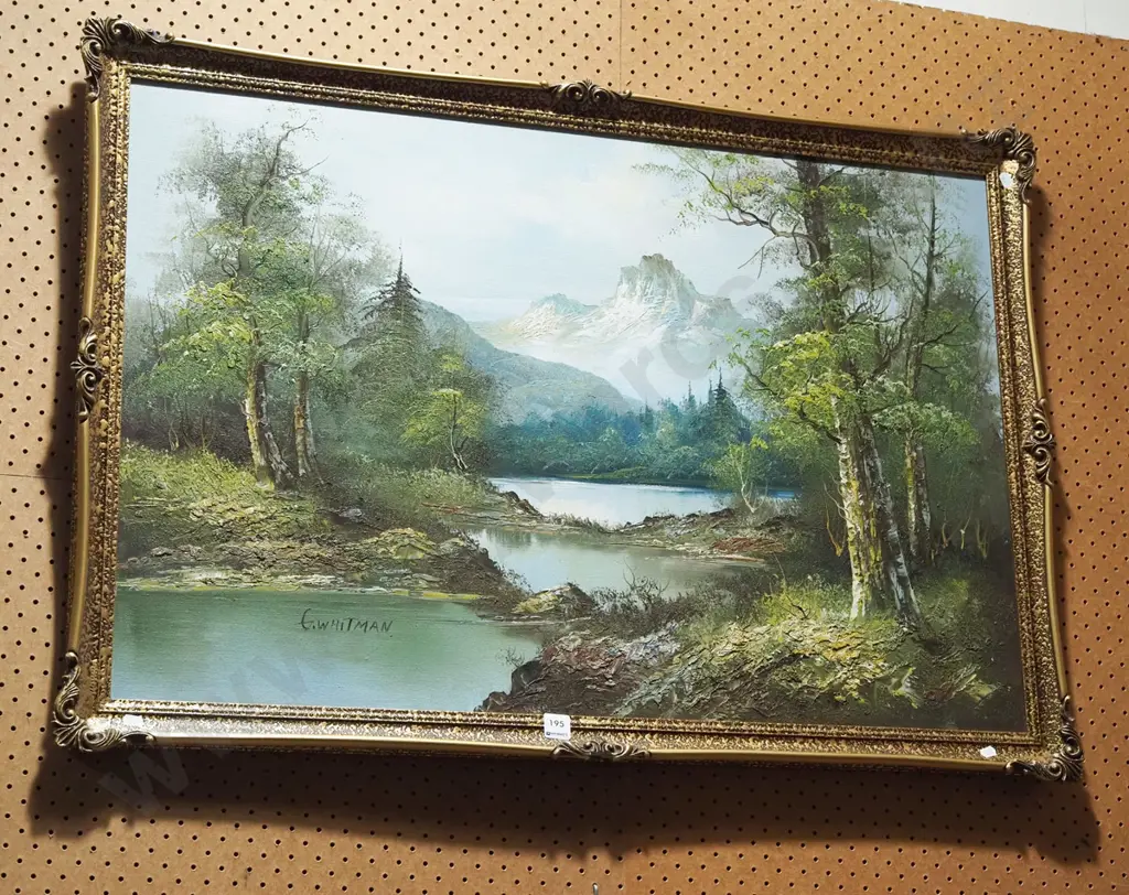 gilt framed oil - lake and mountain scene Image 1++