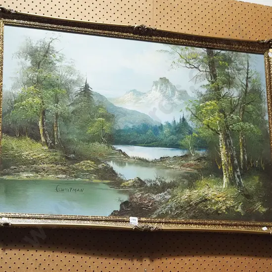 gilt framed oil - lake and mountain scene