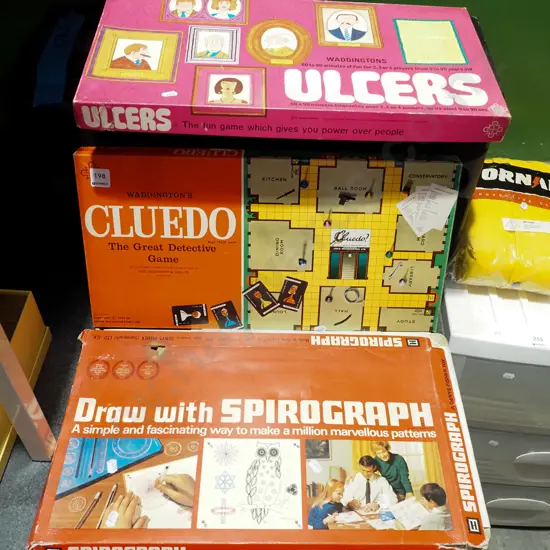 boxed spirograph, 2x board games