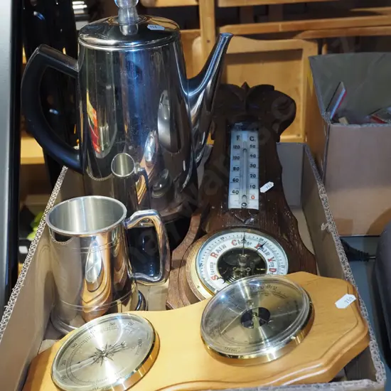 box; coffee perc, beer stein, barometer/thermometer etc