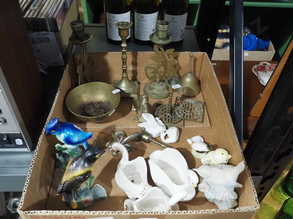 box; swan vases, brass ware, figurines etc Image 1++