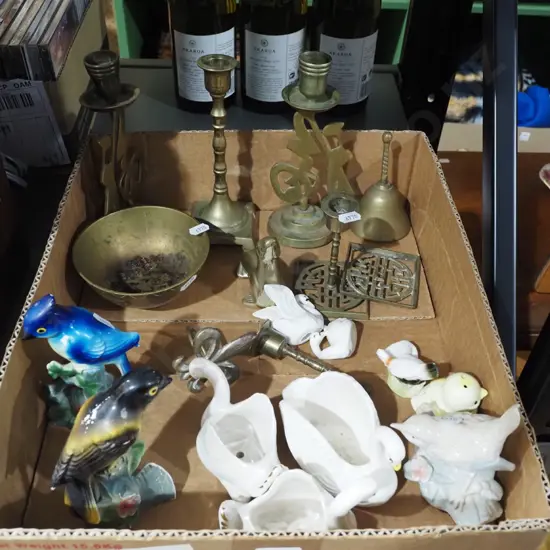 box; swan vases, brass ware, figurines etc