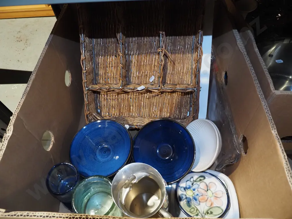 box; bowls, pewter jug, cutlery tray etc Image 1++