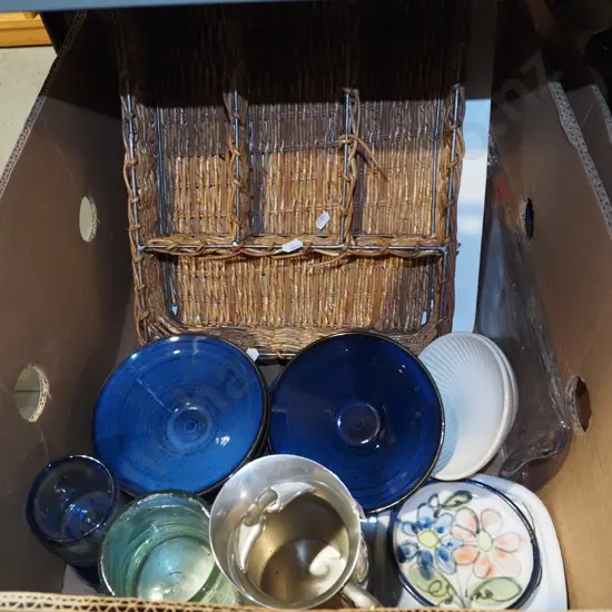 box; bowls, pewter jug, cutlery tray etc