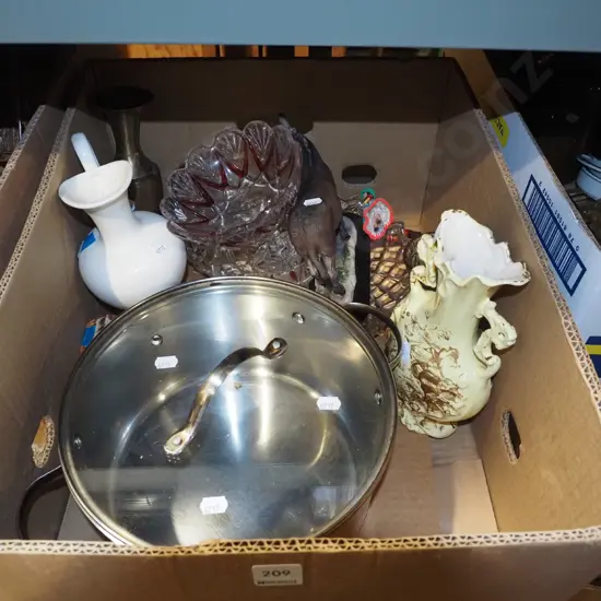 box; lidded pot, glass comports, vases etc