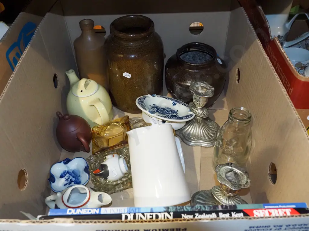 box; candlesticks, jug, storage crocks, Dunedin books etc Image 1++