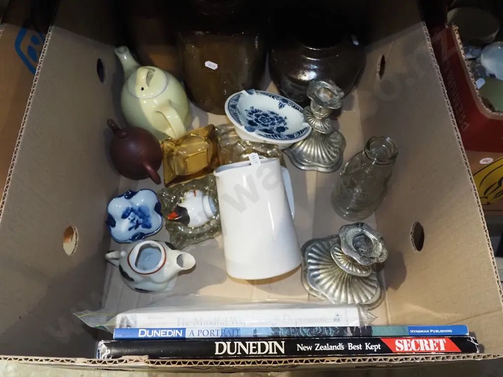 box; candlesticks, jug, storage crocks, Dunedin books etc Image 1++