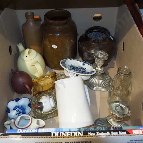 box; candlesticks, jug, storage crocks, Dunedin books etc