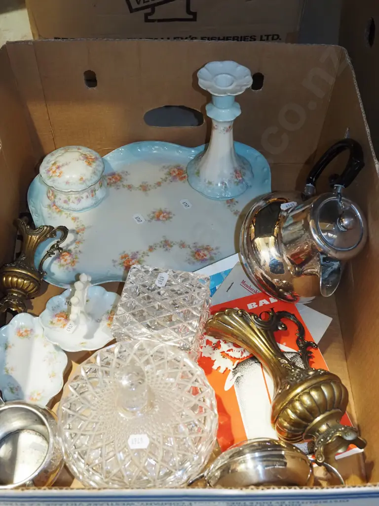 box; dressing table set, teapot, brass ewer vase etc Image 1++