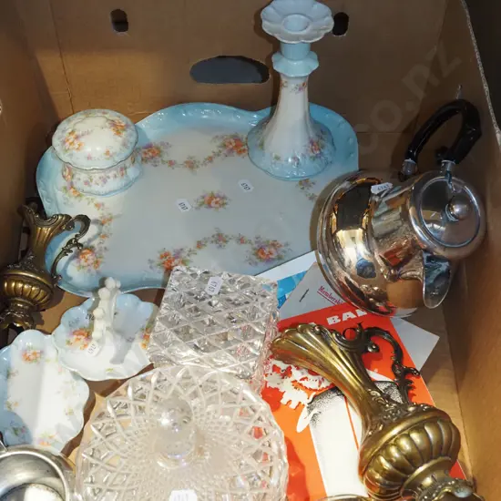 box; dressing table set, teapot, brass ewer vase etc