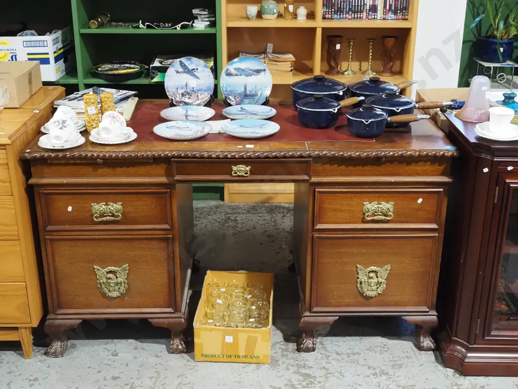 mahogany claw and ball footed 5 drawer desk with leather insert and pie crust edging H800 W1430 D700 Image 1++