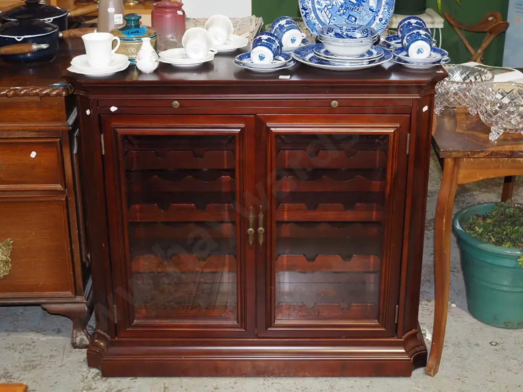 mahogany cabinet with 2 glazed doors, internal wine rack, pull out tray shelf  H840 W950 D410 Image 1++