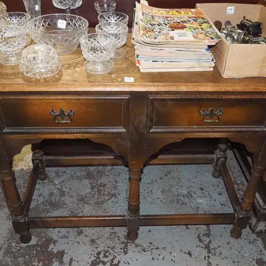 oak 2 drawer hall table - varnish needs attention H750 W1000 D425