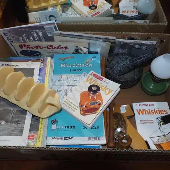 box; various maps, toast racks, small mortar and pestle etc