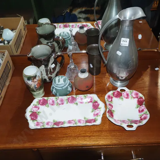 pewter jug, old country rose trays, vases Jug H310 etc