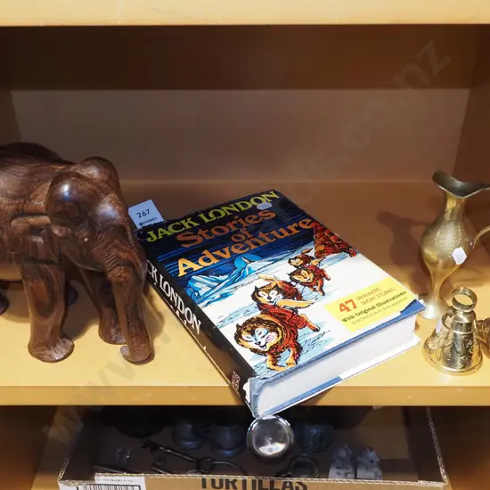 Jack London book, wooden elephant - no tusks, brass ware